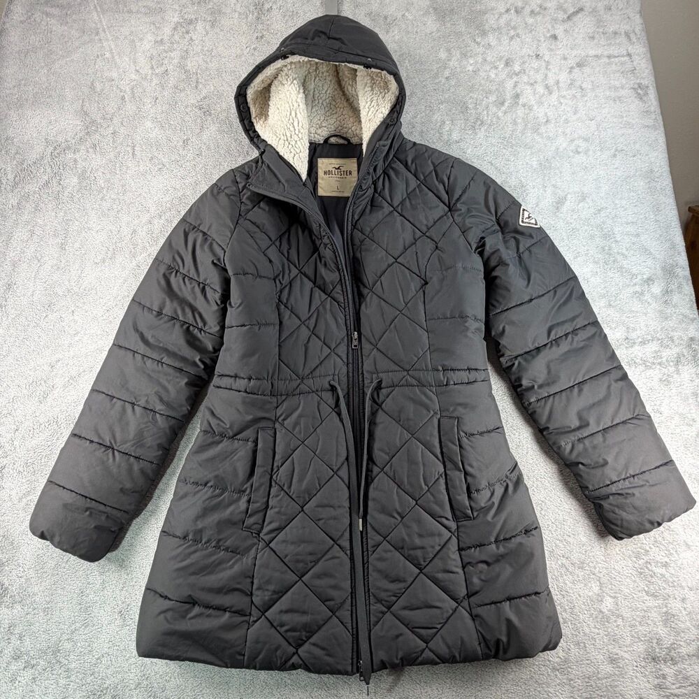 Hollister Womens L Quilted Puffer Coat Gray Sherpa Lined Hood Long Winter Jacket